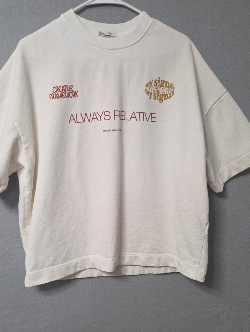 Zara "Creative Framework" Cream Boxy Cropped Tee Size M Back Graphic.